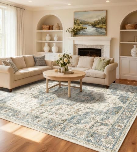 ALAISE Area Rug 5x7 Ivory/Blue – Washable Vintage Boho, Ultra-Soft