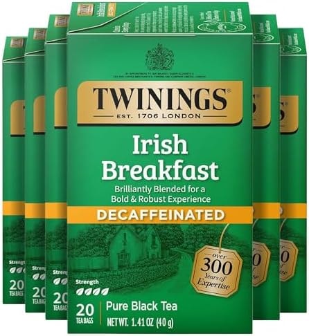 Twinings Decaffeinated Irish Breakfast Black Tea Individually Wrapped Bags, 20 Count (Pack of 6), Flavourful, Robust, Enjoy Hot or Iced, 120 Teabags