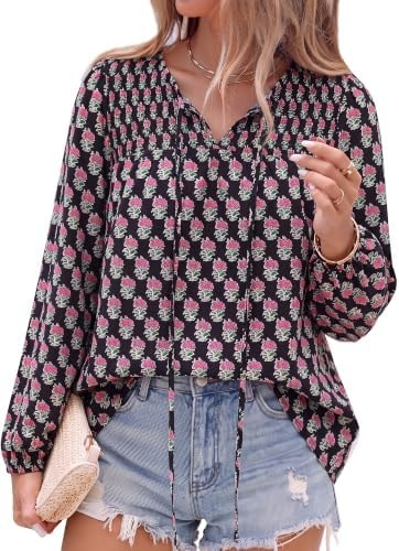 KIRUNDO Boho Tops for Women Trendy 2026 Fall V Neck Floral Peasant Blouse