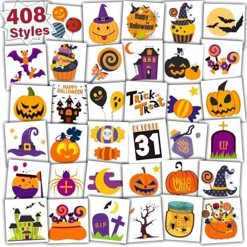 Partywind 408 PCS Halloween Tattoos for Kids Party Decorations, Halloween Treats for Party Supplies Favors, Goodie Bag Stuffers Games for Boys Girls (Individually Wrapped Sheets)