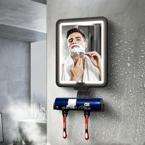 Cordless Heated Fogless Shower Mirror for Shaving with Light (Black)