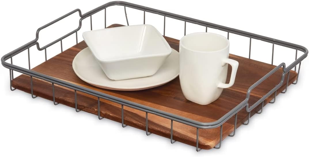 iDesign The Ría Safford Collection Acacia Wood and Wire Serving Tray, 14.5" x 7.5" x 3.2"
