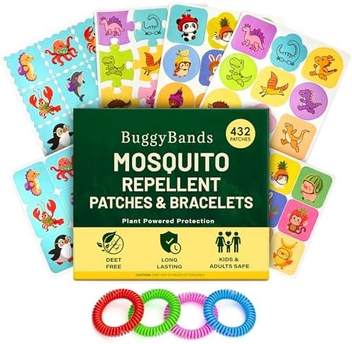 BuggyBands Mosquito Repellent Stickers for Kids (432 Patches) + 4 Mosquito Bands – Upgraded PU Waterproof Bug Stickers, DEET-Free Natural Essential Oil - Fun Dino & Ocean Designs for Family Outdoor