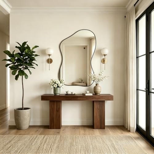 PIUDOC 40"x26" Irregular Wall Mirror with Black Frame, Asymmetrical Decorative Mirror for Bedroom Living Room Entryway Modern Organic Shaped Wall Mirror Home Decor