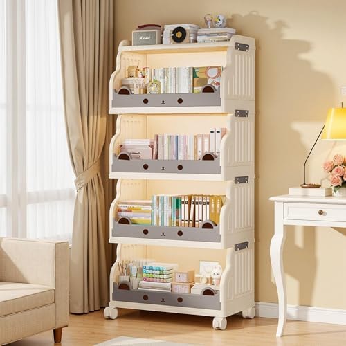 Roqao 4-Tier Rolling Bookshelf, Foldable Book Cart with Lockable Casters