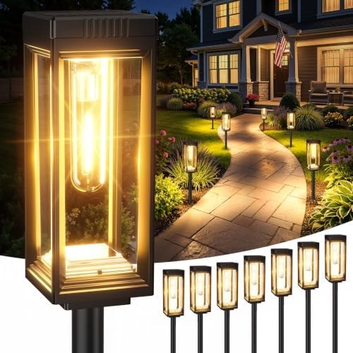 VICOUP 8 Pack Tall Solar Pathway Lights Outdoor, Bright Solar Powered Garden Lights Waterproof, Auto On/Off, Up to 15Hrs Outdoor Light for Path Yard Walkway Driveway Patio Lawn Decor Landscape