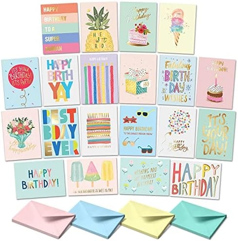 Sweetzer&Orange Happy Birthday Cards with Envelopes & Assortment Box. Variety Set of 20 Assorted Birthday Cards with Envelopes, Perfect Bulk Pack for Celebrations, Special Occasions, Friends