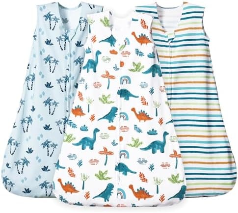 david's kids 3 Pack 100% Cotton Baby Sleep Sack 12-18 Months, Ultra Soft Baby Wearable Blankets with 2-Way Zipper, Comfy Toddler Sleeping Bags for Boys Girls Neutral, Large Size, Dinosaur