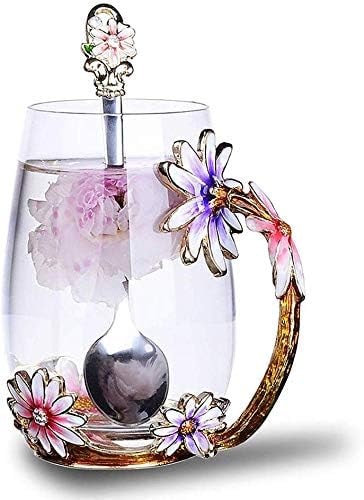 Luka Tech Enamel flower Glass Coffee Mug Tea Cup with Spoon Gifts For Women
