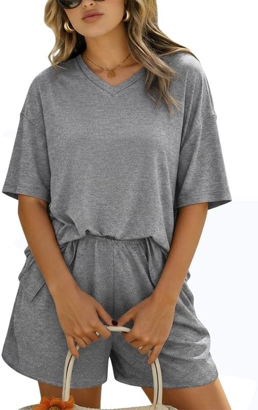 Marvmys Womens Pajamas 2Pcs Oversized Pjs Short Sleeve Sleepwear Set Summer Soft Pajama Set Casual Lounge Sets Grey M