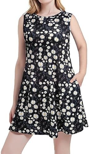 Scotamalone Summer Dresses for Women Casual Beach Travel Vacation Floral Tshirt Sundress Tank Dress Sleeveless with Pockets