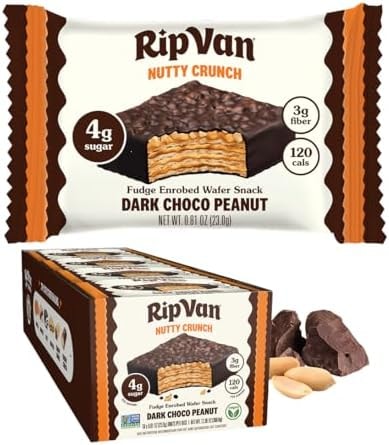 Rip Van Nutty Crunch Dark Choco Peanut Butter Wafer – Crispy Wafer Snack, Low Sugar, 120 Calories, Individually Wrapped - 16 Count