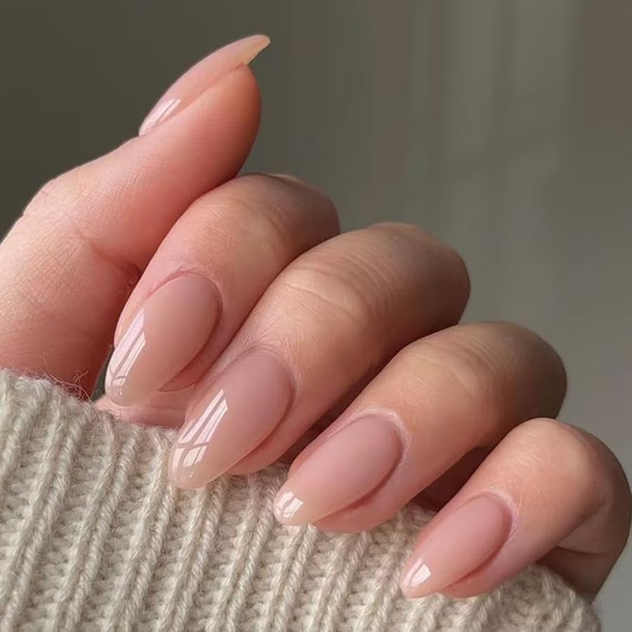 24PCS Light Pink Short Almond Press on Nails French False Nails Manicure Full Cover Stick on Nail for Women | Reusable | Nail Sticky Tab