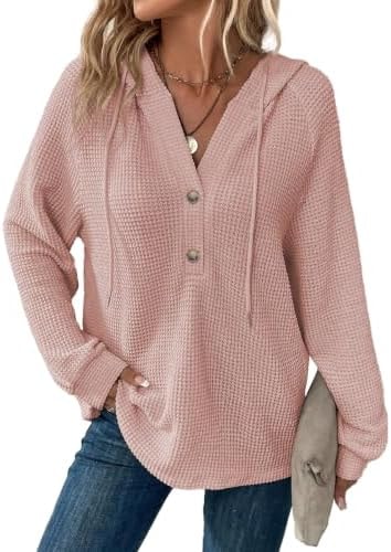Dokotoo Womens Hoodies Waffle Knit Button Hooded Sweatshirt, Pink, Medium
