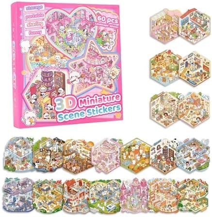 20 Sets Reusable 3D Sticker Scene Book - Safe Cute Stickers for Kids, DIY Miniature Cozy Room, Supermarket, House & Landscape Scenes, Sticker Therapy Stress‑Relief Craft Activity for Adults