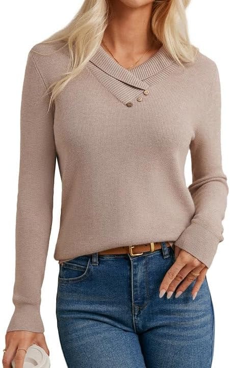 GRACE KARIN V Neck Sweaters for Women Long Sleeve Pullover Sweater Khaki2XL