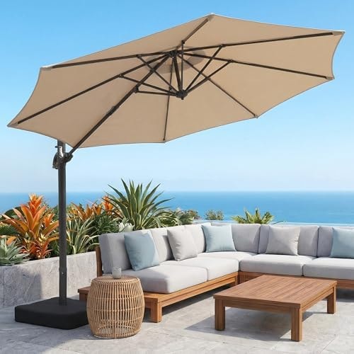 OLILAWN 10FT Outdoor Patio Umbrella with Base Included, Heavy-Duty Frame Cantilever Offset Umbrella with 360° Rotation & Infinite Tilt, UV-Resistant Water-Repellent Shade for Patio, Poolside, Backyard, Beige