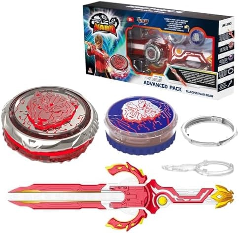 INFINITY NADO Battle Top Set with Sword Launcher, Metal Glowing Battling Tops, Attack Type Spinning Top Game Toy Battle Starter Pack Set for Boys Girls 5+, Advanced Pack Blazing War Bear