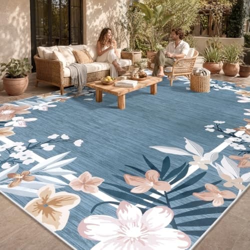 Yamaziot 5x8 Faux Jute Outdoor Rug Boho Floral Washable Patio Rug, Blue