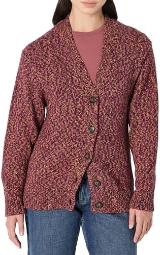 Amazon Essentials Women's Oversized-Fit Multi-Color Heavyweight Cotton Blend Button-Up Cardigan with Deep V-Neckline, Burgundy Marl, Medium