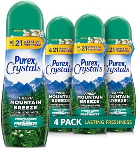 Purex Crystals In-Wash Scent Booster, Fresh Mountain Breeze, 21 oz (Pack of 4), Long-Lasting Freshness & Odor Elimination Technology