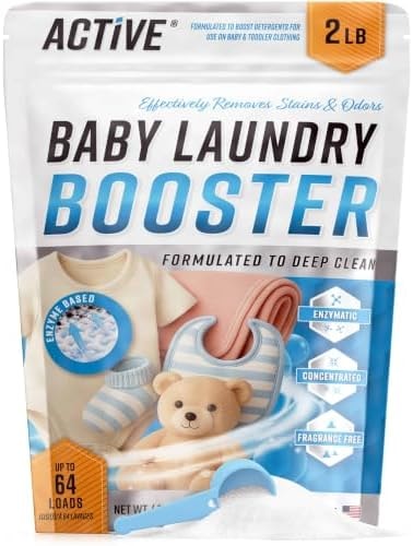 Baby Laundry Detergent Booster - ACTIVE Enzyme Stain & Odor Remover for Infant, Newborn, Toddler & Kids Clothes, Fragrance Free Sensitive Laundry Soap, 2-lbs Unscented Powder Made in USA - 64 Loads