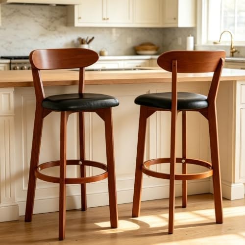 COSTWAY Bar Height Bar Stools Set of 2 with Curved Backrest, Walnut
