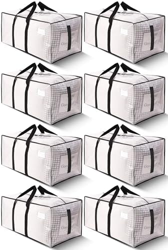 HOMESURE Supports 200lbs Heavy Duty Moving Bags - Strong Zipper & Wrap-Around Handles - Water-Resistant Storage Totes, Durable Alternative to Moving Boxes - 8 Pack - Semi-Transparent