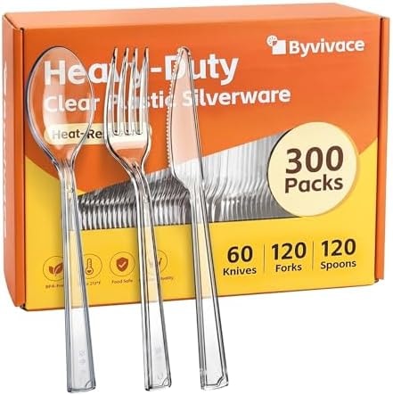 Byvivace [300 Count] Clear Plastic Silverware Set, Heavy Duty Plastic Utensils 120 Spoons & 120 Forks & 60 Knives, BPA-Free, Heat Resistant, Disposable Cutlery Set for Party Wedding Supply