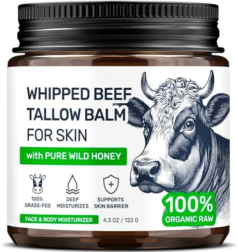 Beef Tallow for Skin - Grass Fed Whipped Tallow and Honey Balm for Face, 3-Ingredient Fragrance Free Beef Tallow for Face and Body with Beeswax - Moisturizer for Dry Sensitive Skin, 4.3 oz