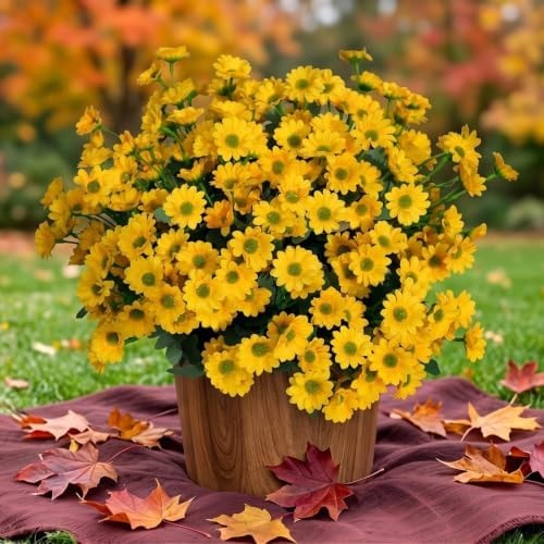 Daisy Artificial Flowers for Outdoors,Yellow Artificial Mums (6, yellow B)