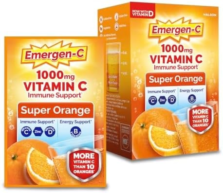 Emergen-C 1000mg Vitamin C Immune Support Powder Super Orange 10CT includes Zinc, Manganese, 7 B Vitamins and Electrolytes for Back to School Essentials