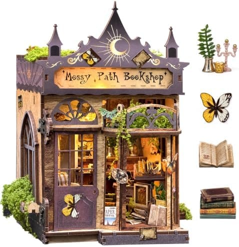 Book Nook Kit - Mossy Path Bookshop DIY Miniature Dollhouse with LED Lights, Mini Bookshelf Insert Decor for Adults & Teens, Creative Craft Gift for Family, Friends & Book Lovers