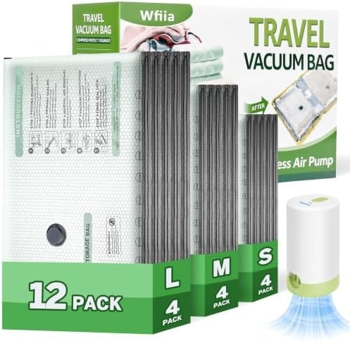9+3 Packs Vacuum Bags for Travel with Rechargeable air Pump, 3 Sizes Vacuum Seal Bags for Clothing, Space-Saving Compression Storage Bags for Travel & Closet Organization