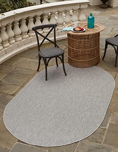 Unique Loom Collection Casual Transitional Solid Heathered Indoor/Outdoor Flatweave Area Rug (3' 3" x 5' 3" Oval, Light Gray/Ivory)