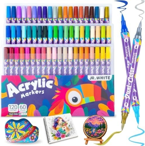 JR.WHITE 120 Colors Acrylic Paint Markers, 60 Dual-Color Dual Brush Tip Paint Pens, Permanent Acrylic Markers Smooth Coverage for Adult Coloring Books, Rock, Wood, Glass, Ceramic, Canvas, DIY Crafts