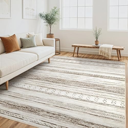 Tortania Area Rug Living Room Rugs - 6x9 Washable Large Soft Neutral Boho Moroccan Bohemian Farmhouse Rug Indoor Floor Carpet for Bedroom Under Dining Table Home Office Decor - Cream Brown
