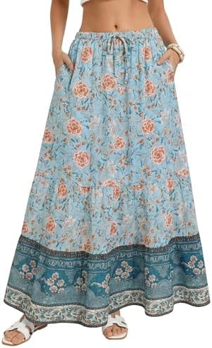 Kate Kasin Womens Green Maxi Long Skirt, Summer Flowy Boho Floral Skirts, Beach Vacation Fashion Outfit 2026 XL