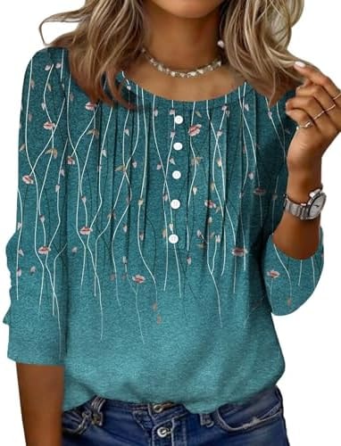 Zeagoo Women'S Tops Cotton Women Floral Print T-shirt Casual Crew Neck 3/4 Length Sleeve Top For Summer Women's Casual Clothing Fashion A-green