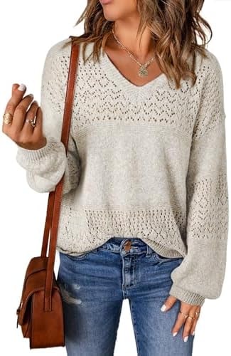 SHEWIN Sweaters for Women Casual V Neck Sweaters for Women Lightweight Womens Sweater Pullover Womens Fall Fashion 2026 A White X-Large