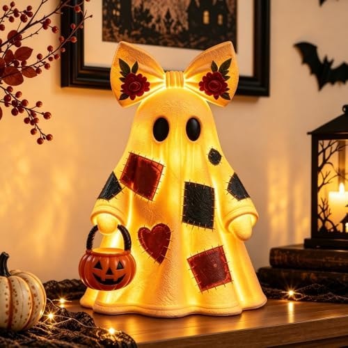 14 in Lighted Patchwork Ghost Figurine Halloween Decor with Remote Timer