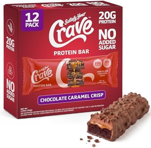 Satisfy Your Crave Protein Bars– High Protein Delicious Snacks– 20g of Protein, No Added Sugar– Chocolate Caramel Crisp– Perfect for Breakfast, On-the-Go Snack, Pantry Staple & Office Treat– Non-GMO, 12 Pack