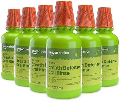 Amazon Basics Breath Defense Oral Rinse, Mild Mint Flavor, Fights Bad Breath for 12 Hours, 10 fl oz, Pack of 6