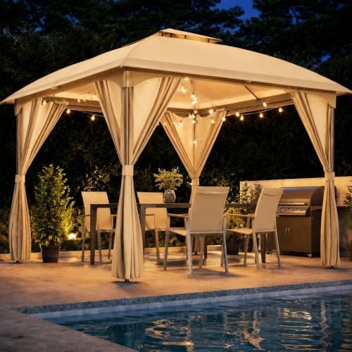 LAUSAINT HOME 10x10 Arc Gazebo Canopy with Curtains & Double Roof