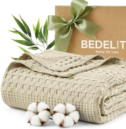 BEDELITE Linen Beige Cooling Waffle Blanket Queen Size for Bed, 90x90 Inch