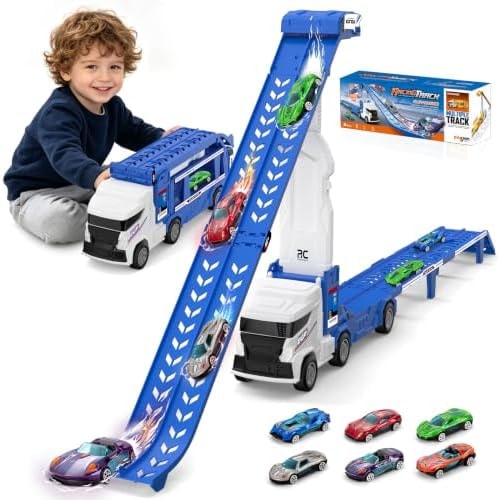 Race Track Truck Toy with 6 Die-Cast Cars for Toddler Boys Ages 3-5