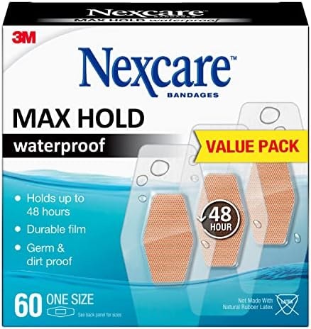 Nexcare Max Hold Waterproof Bandages, Stays On for 48 Hours, Flexible Bandages for Fingers, Knees and Heels - 60 Pack Clear Waterproof Bandages