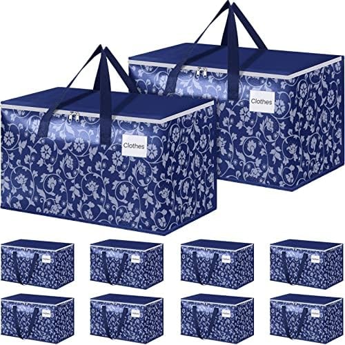 HomeHacks Moving Bags, Extra Large Size Moving Boxes, Heavy Duty Luggage Bags with Smooth Zipper and Sturdy Handles, Large Capacity & Easy Loading Storage Totes for Space Saver 100L, 10-Pack, Blue