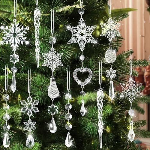 21Pcs Christmas Decorations for Xmas Tree Decor Clear Crystal Ornaments