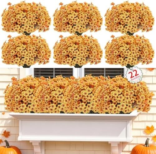 22 Pack Artificial Fall Flowers Mums for Outdoor Indoor(Fall Yellow)